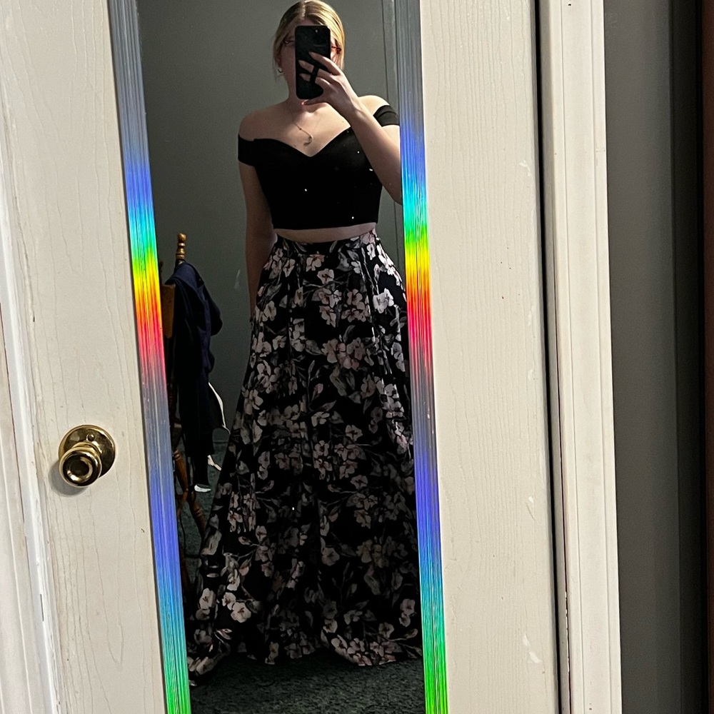 B.Darlin two piece dress, size two, black with pink floral print on skirt